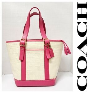 Coach VINTAGE 02' Natural Straw & Hot Pink Leather Tote Bag No. 8908